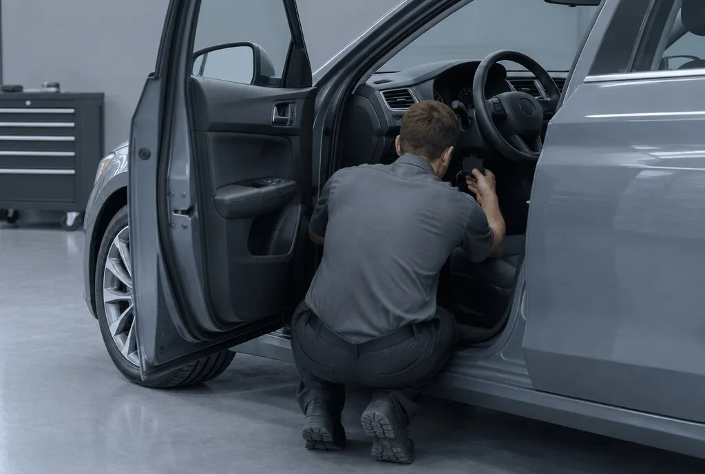 Monteur installeert een GPS-tracker in een auto